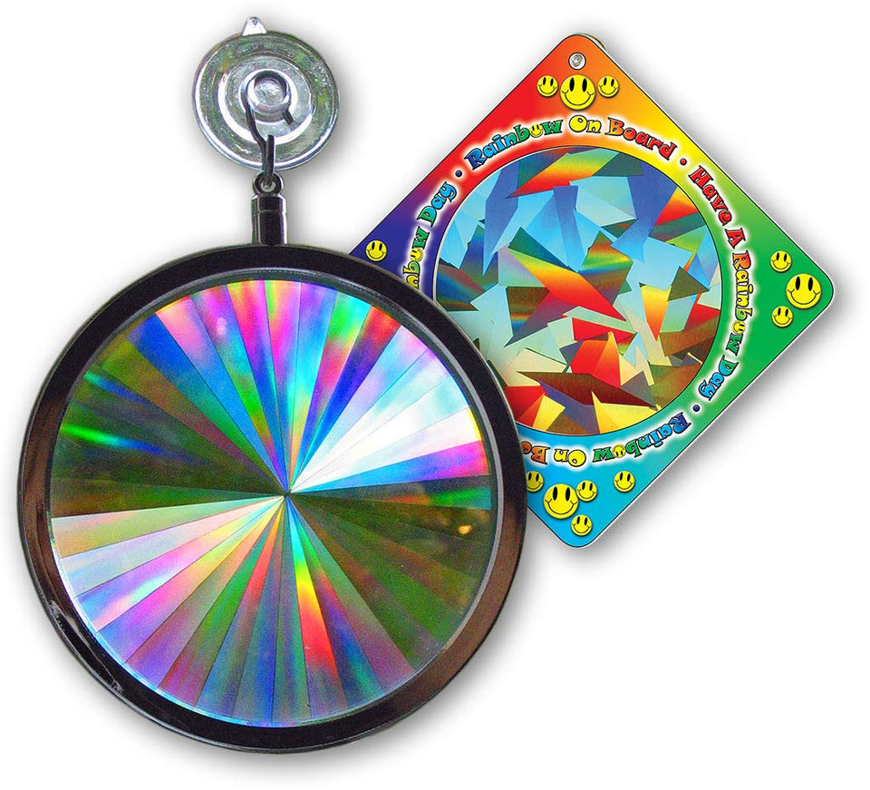 Rainbow Symphony rainbow window suncatcher with axicon pattern casts vibrant prisms in sunlight.