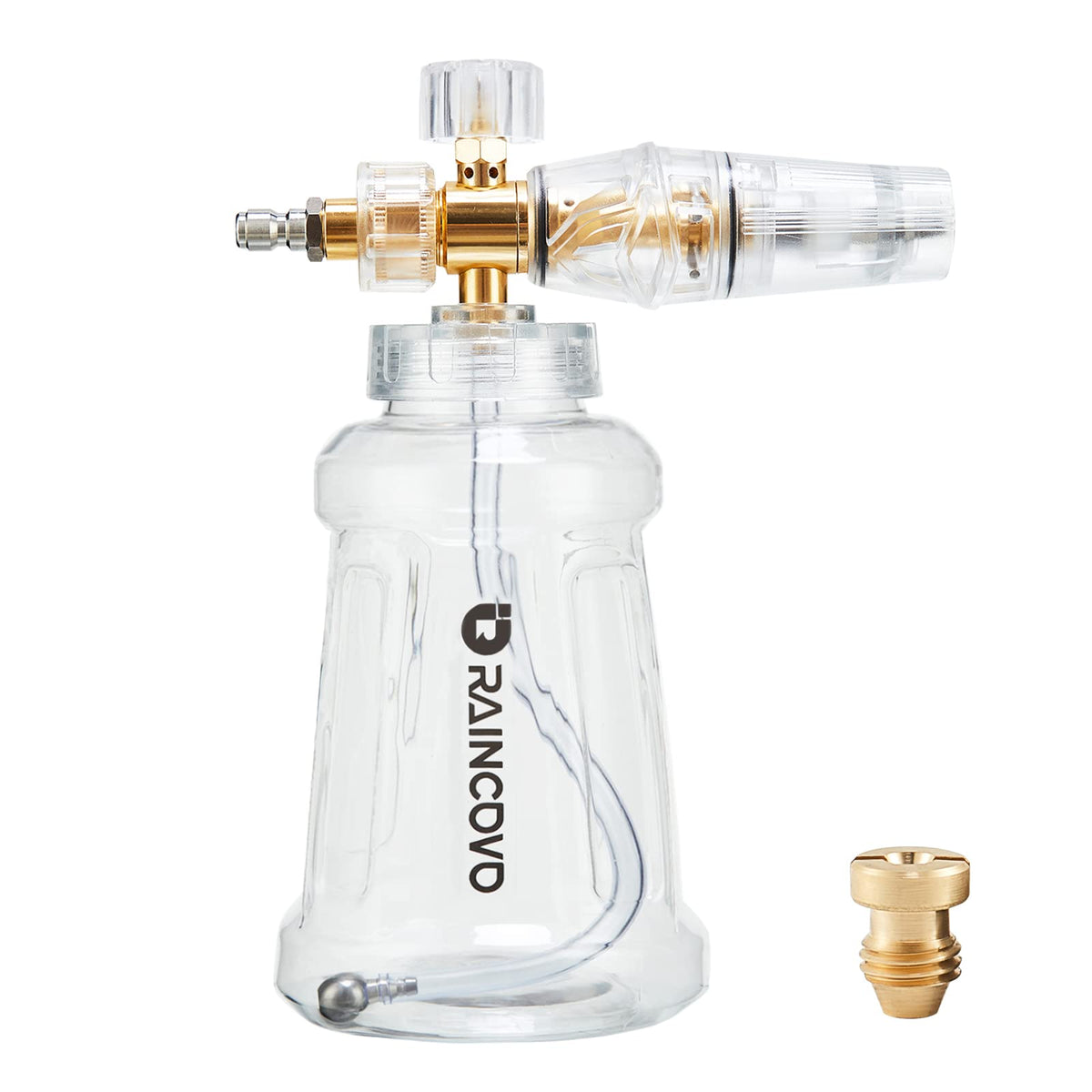 Raincovo foam cannon assembly for an easy at-home car wash setup