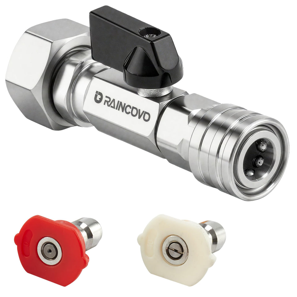 Raincovo garden hose shut-off valve enables instant flow control for efficient cleaning.