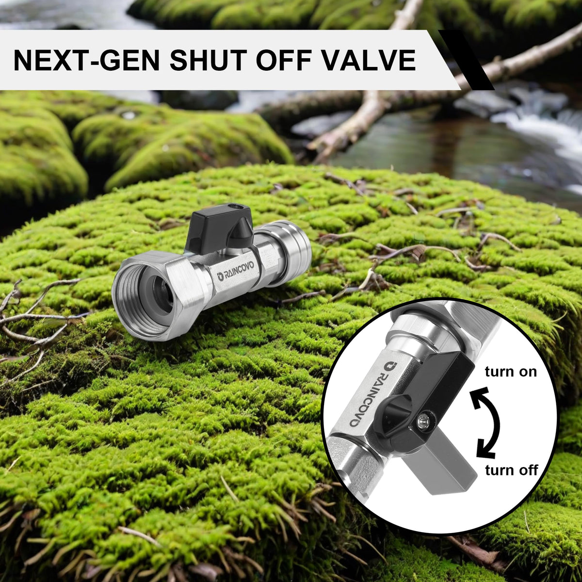Raincovo pinpoint jet nozzle focuses spray for targeted cleaning tasks.
