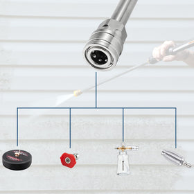 Raincovo quick-connect compatible with nozzles foam cannons and surface cleaners.