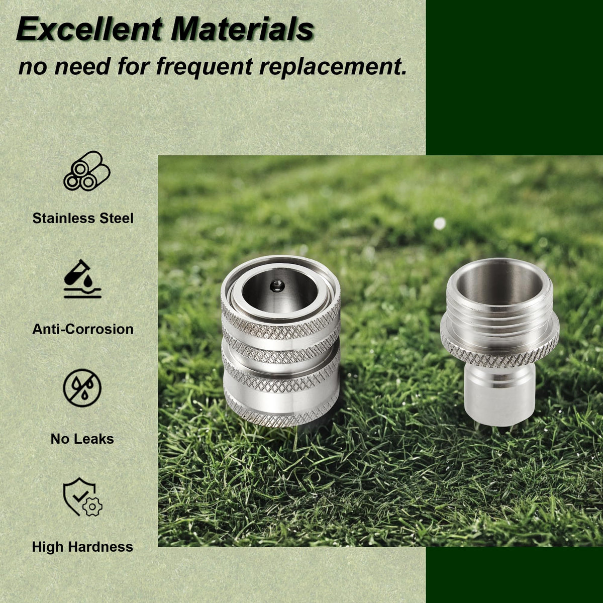 Raincovo quick-release hose connector with metal body demonstrates reliable, smooth connections.