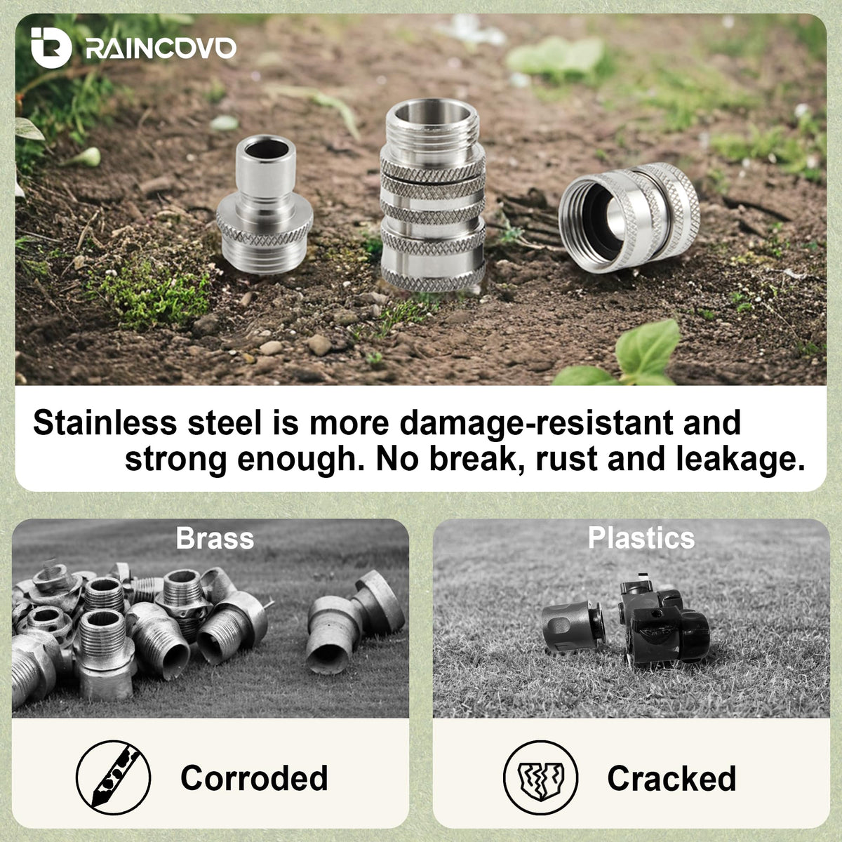 Raincovo stainless steel hose adapter detailed shows rust resistance and sturdy performance.
