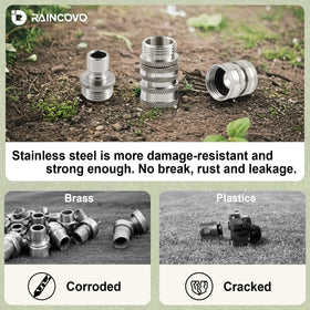Raincovo stainless steel hose adapter detailed shows rust resistance and sturdy performance.