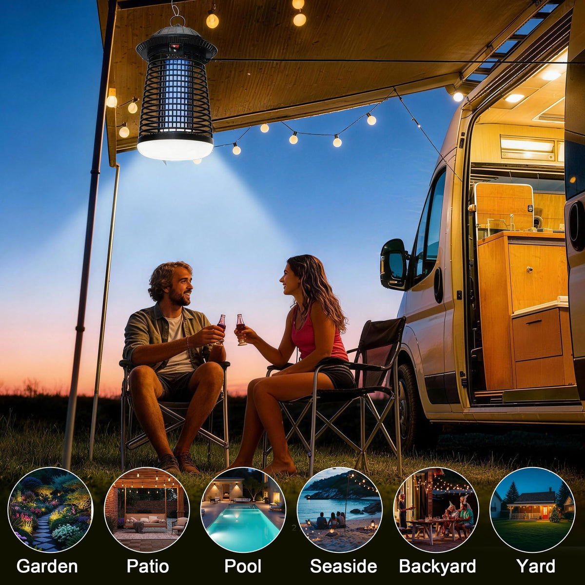 Raindot hanging ring design allows easy placement on trees, walls, or porches.