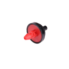 Raindrip PC2050B emitter with red label close-up highlights color-coded 1/2 GPH flow.