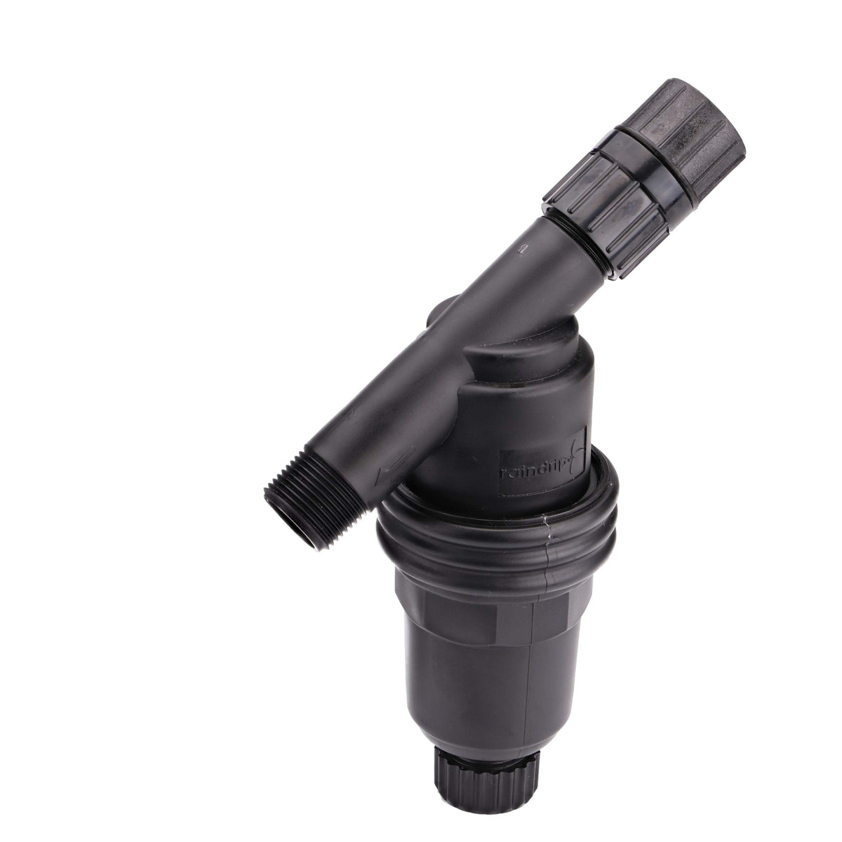 Raindrip Y-filter installation on 3-4in MPT with flow direction arrow