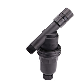 Raindrip Y-filter installation on 3-4in MPT with flow direction arrow