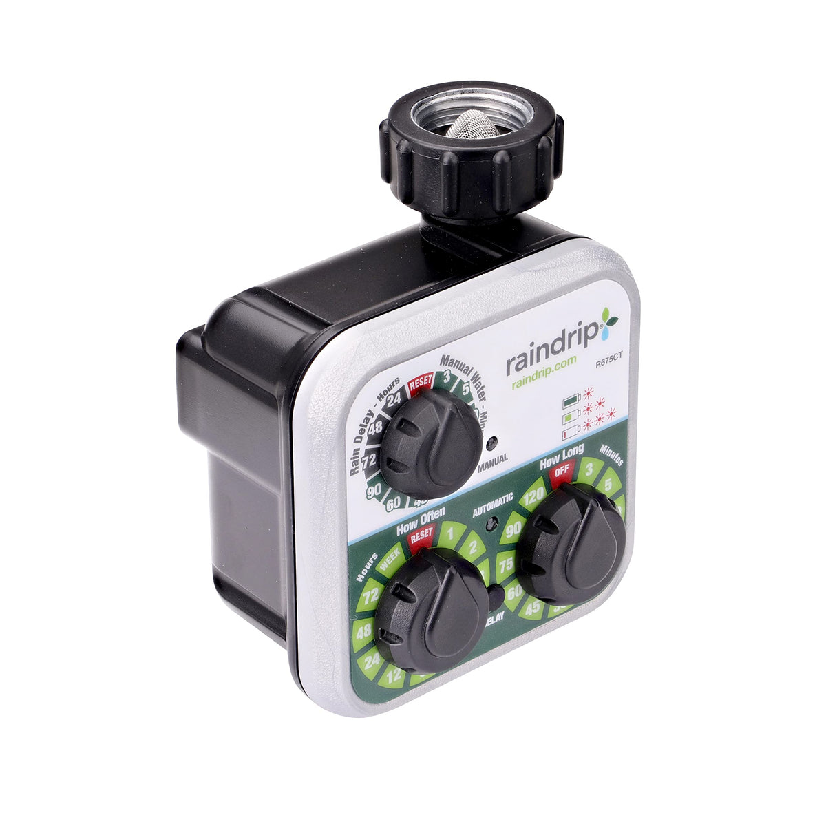 Raindrip R675CT analog timer front view with three dials for easy scheduling