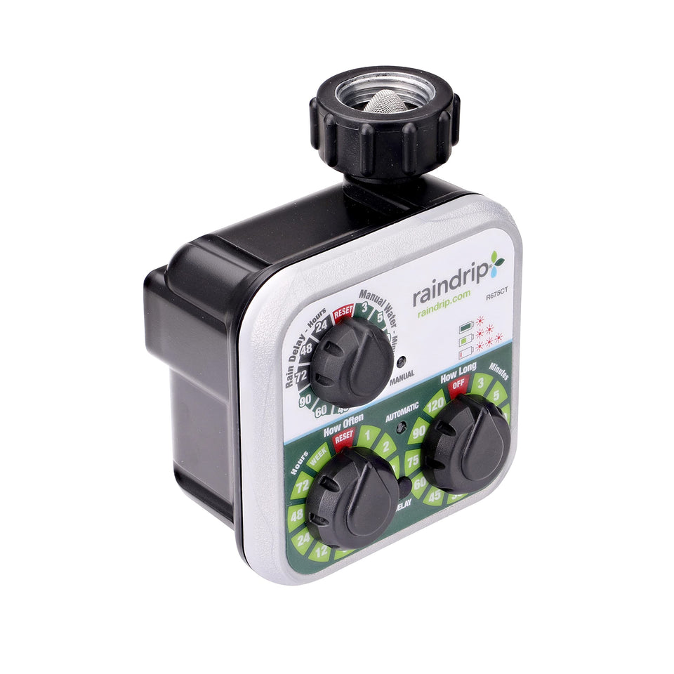 Raindrip R675CT analog timer front view with three dials for easy scheduling