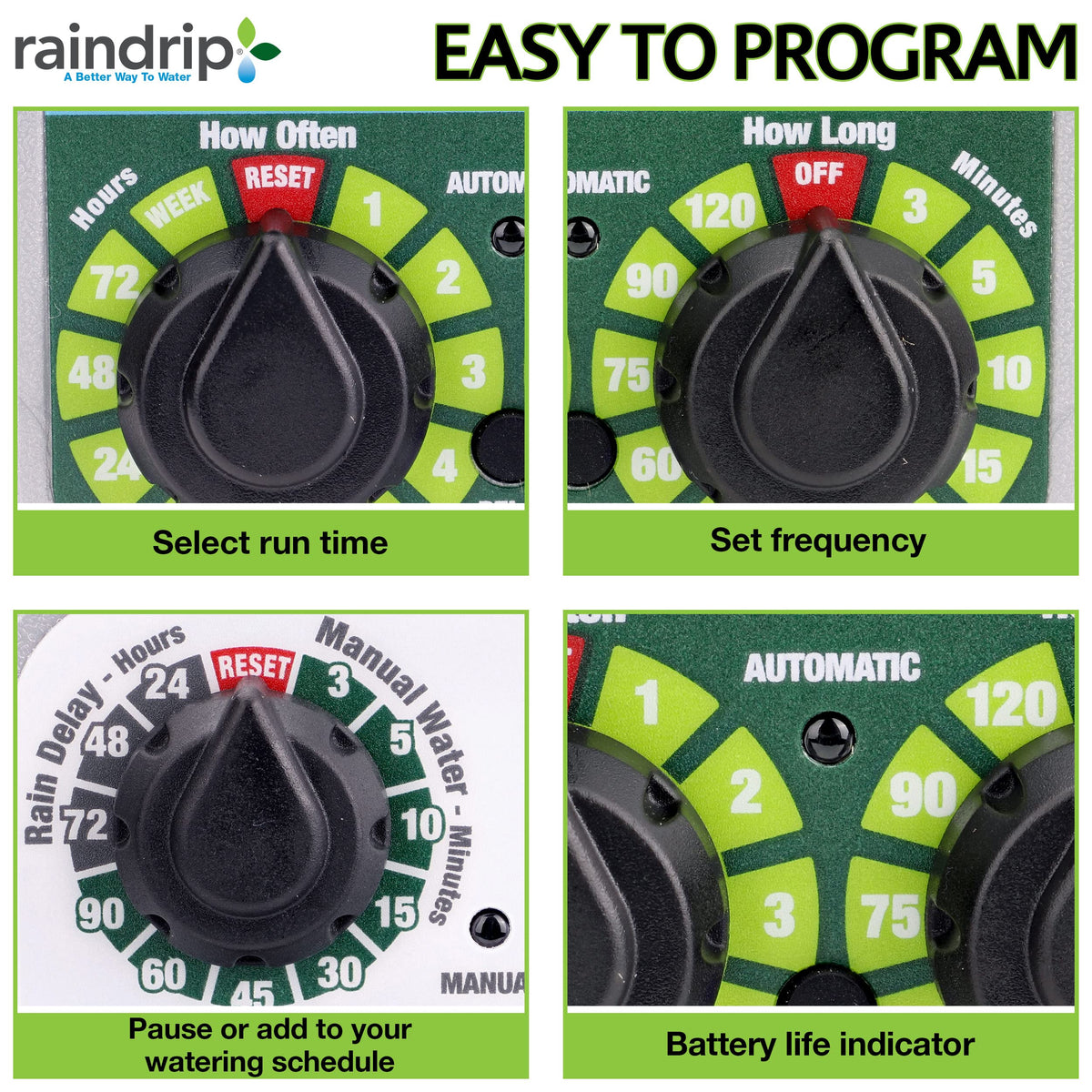 Raindrip R675CT battery compartment with status indicator
