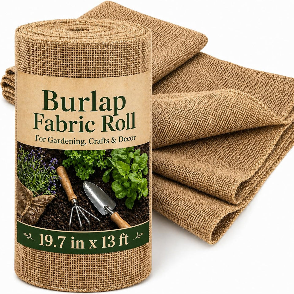 RAINFLOW burlap roll close-up texture, ideal for rustic décor and DIY crafts.