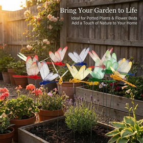 RAINFLOW dragonflies-on-stake-in-garden demonstrates simple setup on soil or pots