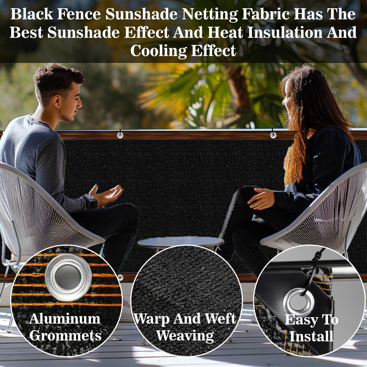 RAINFLOW privacy screen installed on a deck creates a shaded, private space.