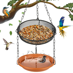 RAINFLOW hanging bird bath on a branch invites birds to drink and bathe.