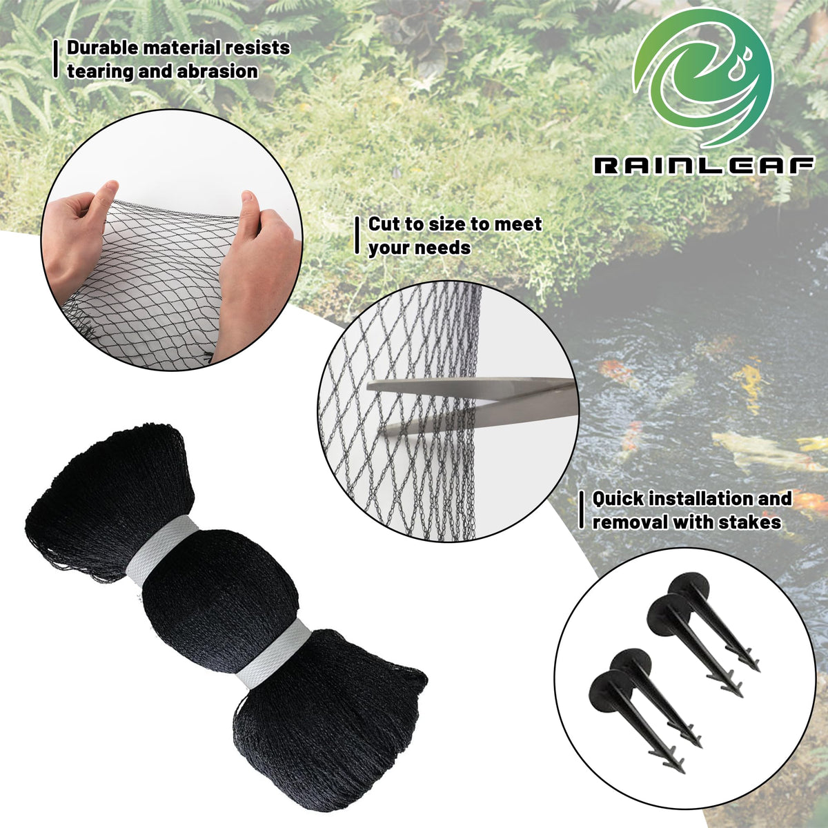 Rainleaf pond netting installs quickly by rolling out and anchoring with stakes.