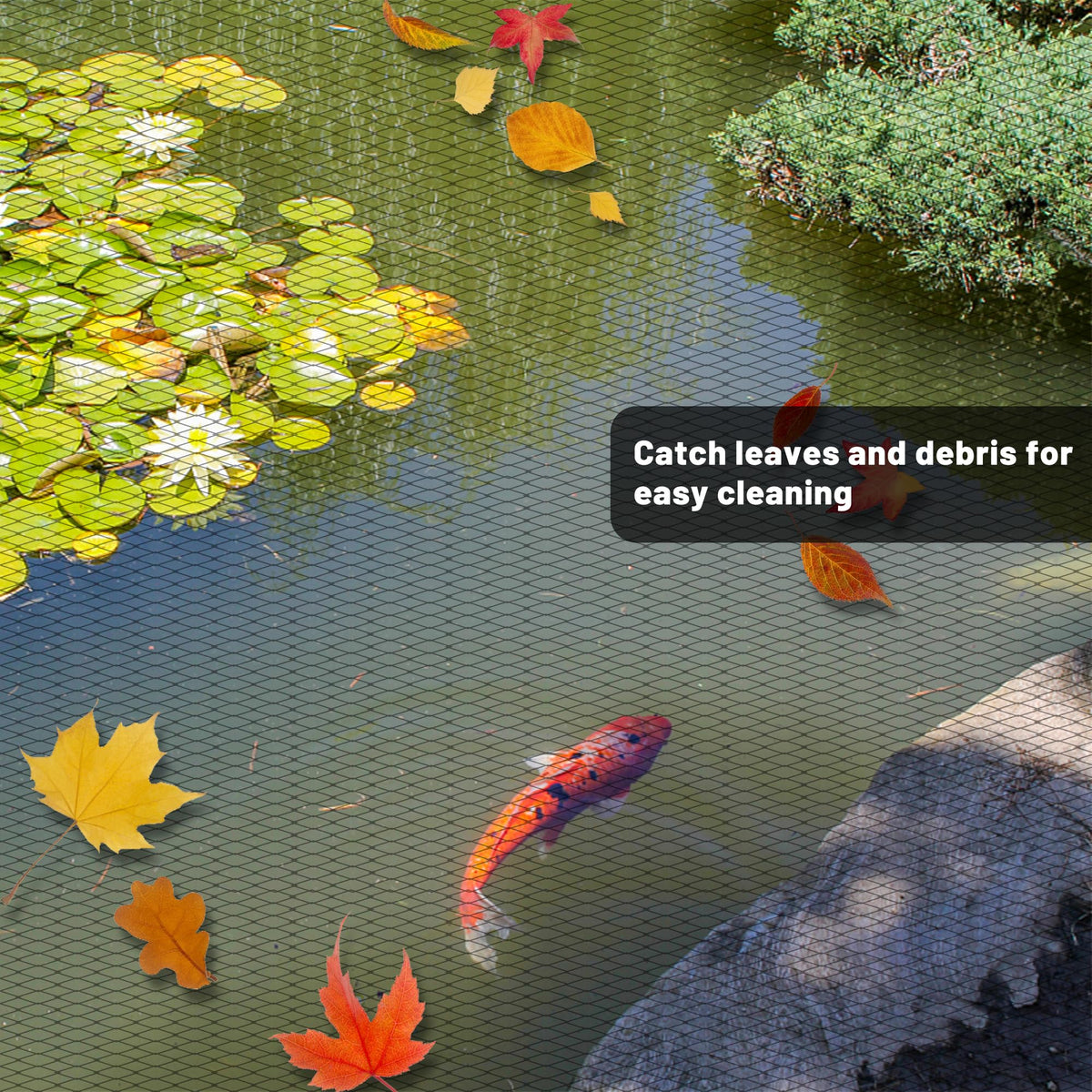 Rainleaf pond netting filters leaves and debris to reduce maintenance.