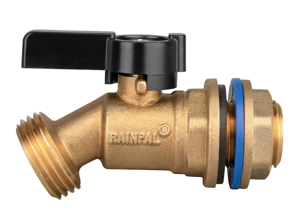 RainPal RBS005 brass quarter-turn spigot close-up shows durable construction for reliable water access.