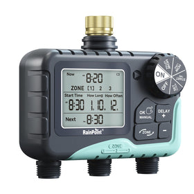 RAINPOINT timer with brass inlet close-up for durable outdoor watering