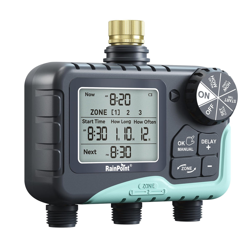RAINPOINT timer with brass inlet close-up for durable outdoor watering