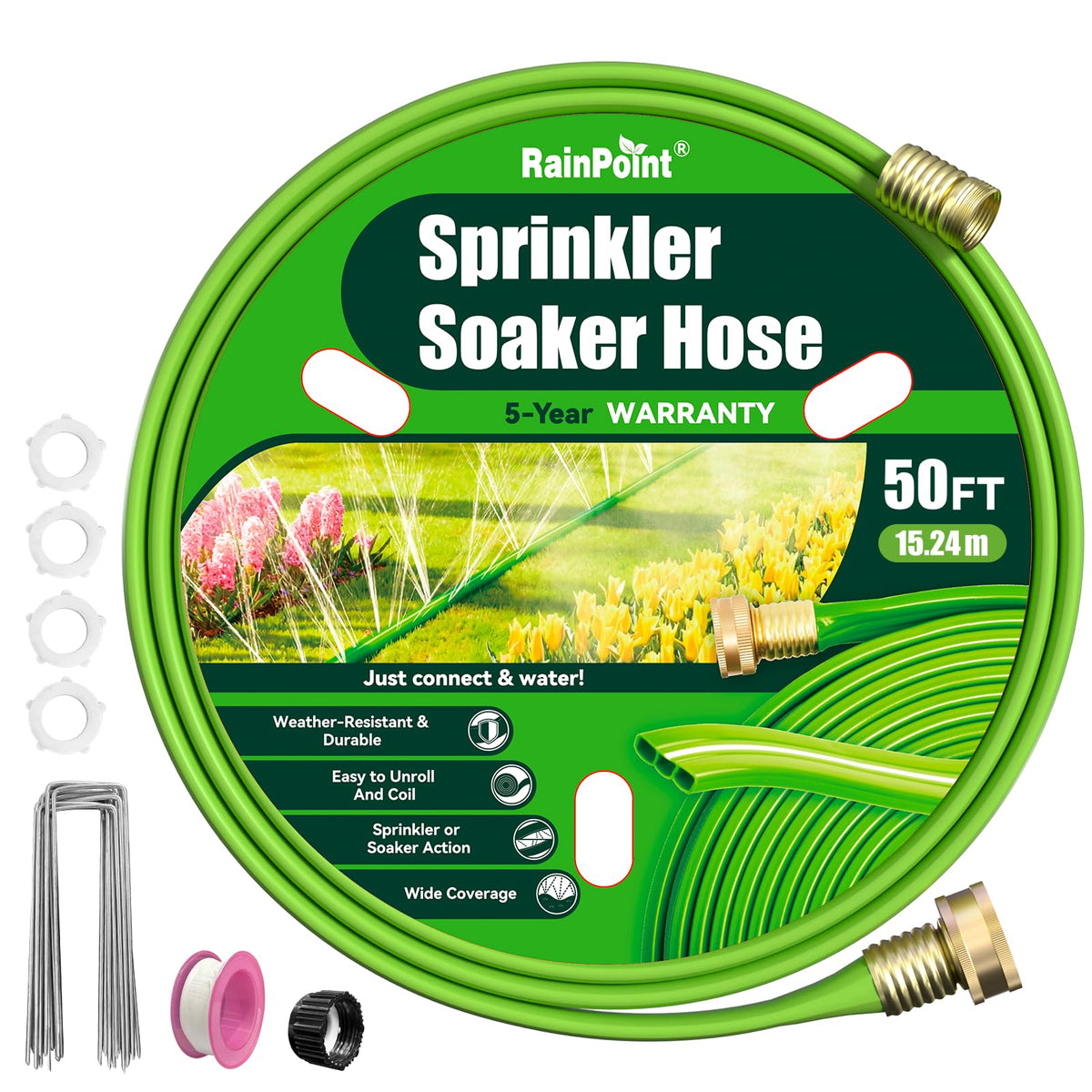 RAINPOINT 50ft flat-soaker hose laid out for even garden irrigation