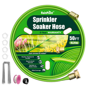 RAINPOINT 50ft flat-soaker hose laid out for even garden irrigation