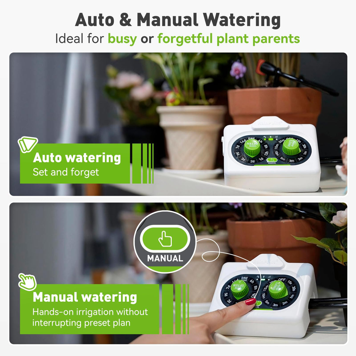Rainpoint adjustable drip emitter for per-pot flow control.