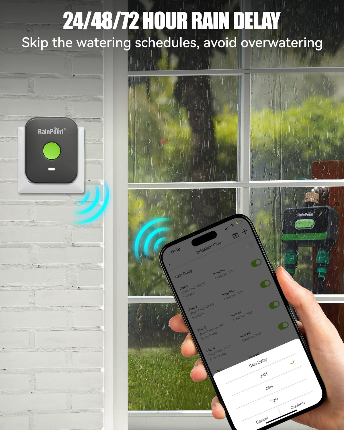 RainPoint app screen displaying schedules and watering history.