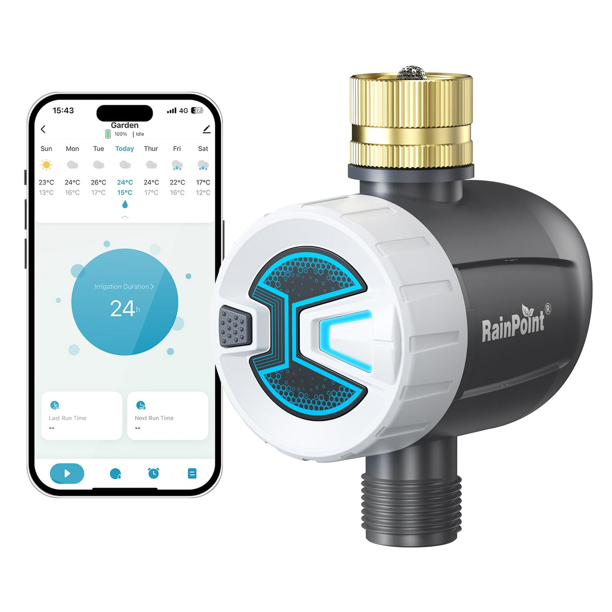 RAINPOINT Bluetooth Water Timer front view shows compact, garden-ready irrigation control.