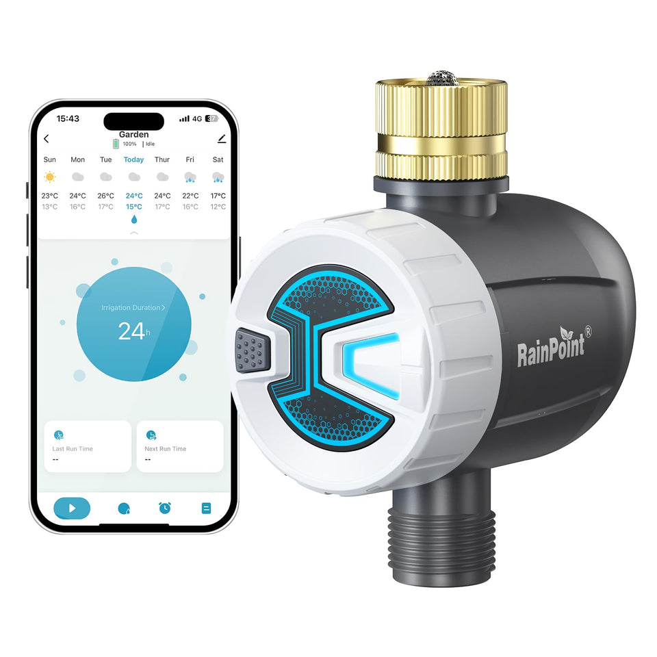 RAINPOINT Bluetooth Water Timer front view shows compact, garden-ready irrigation control.