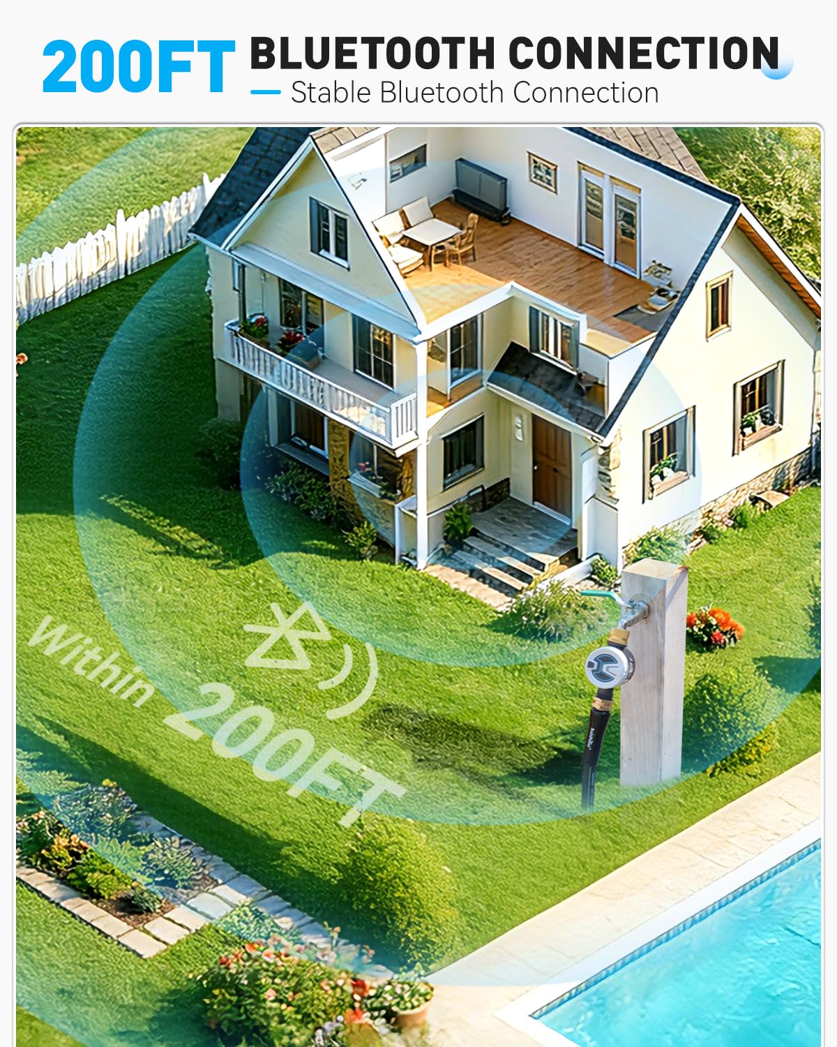 RAINPOINT timer on hose connection highlights leak-free brass inlet.