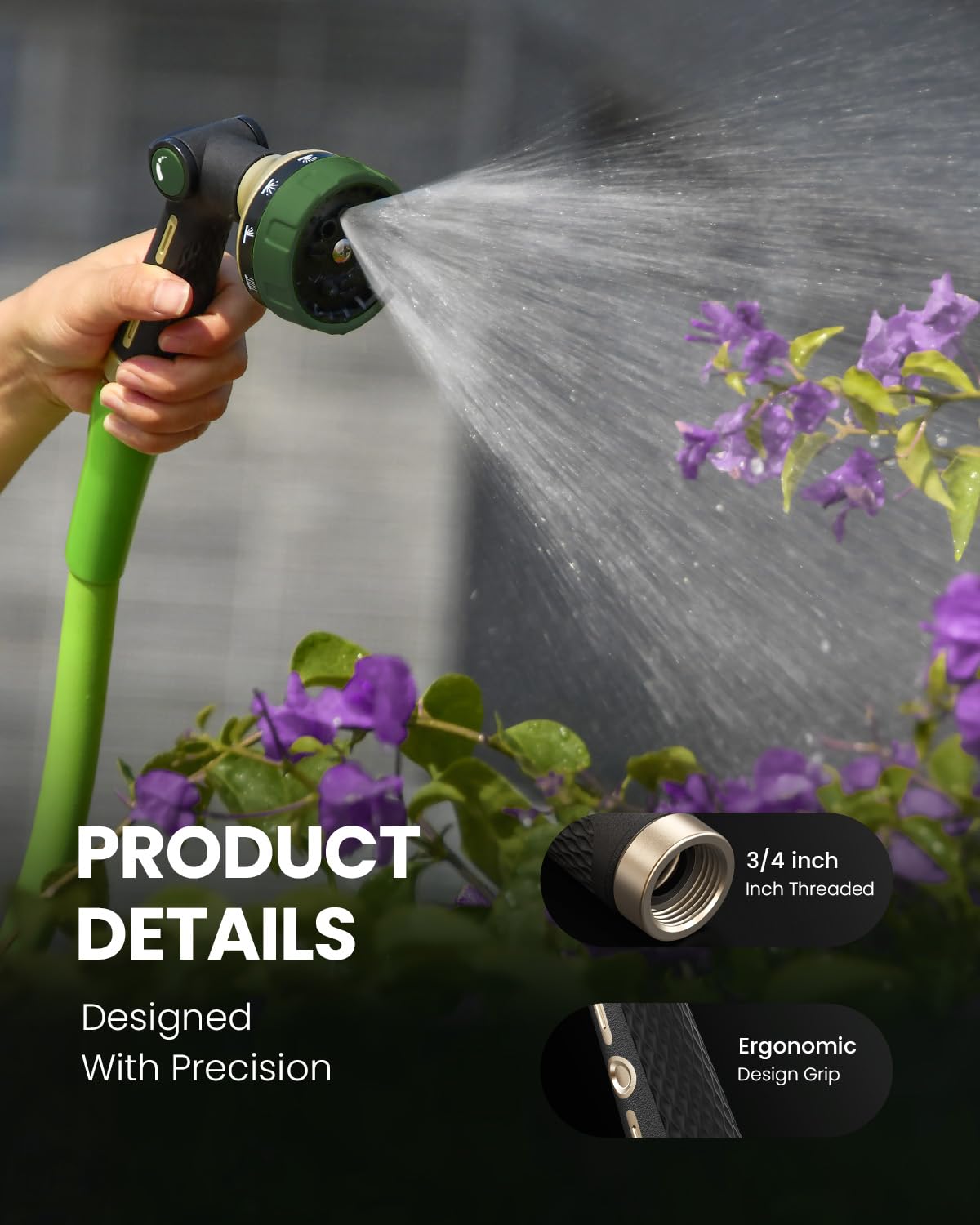 Rainpoint cone pattern provides precise watering for garden beds.