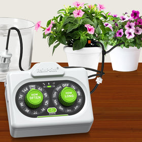 Rainpoint easy-setup waterer control panel with two dials for quick watering setup.