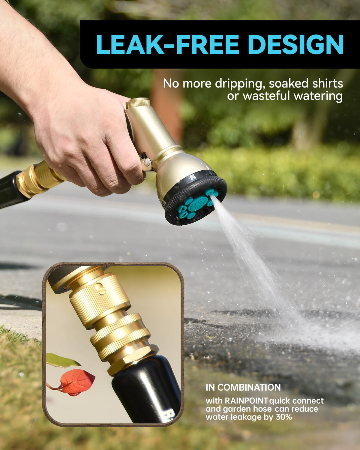 RAINPOINT ergonomic rubber grip enhances comfort during long watering sessions.