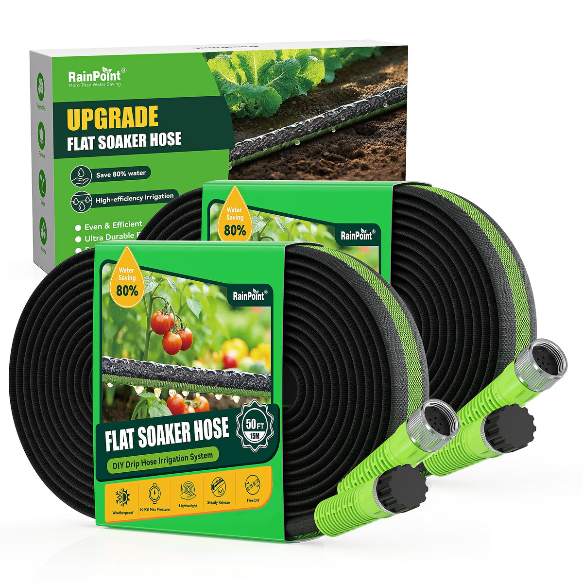 RainPoint flat soaker hose laid out for uniform soil soaking.