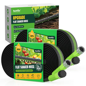 RAINPOINT flat soaker hose in 30ft layout for even, efficient watering in gardens.