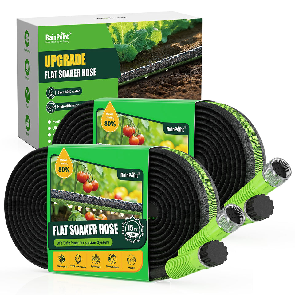 RAINPOINT flat soaker hose in 30ft layout for even, efficient watering in gardens.