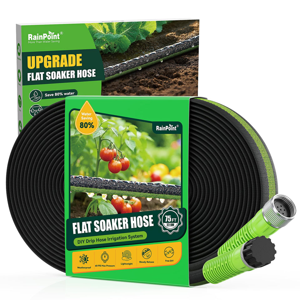 RAINPOINT flat soaker hose 75ft delivers even root-zone watering for efficient garden care.