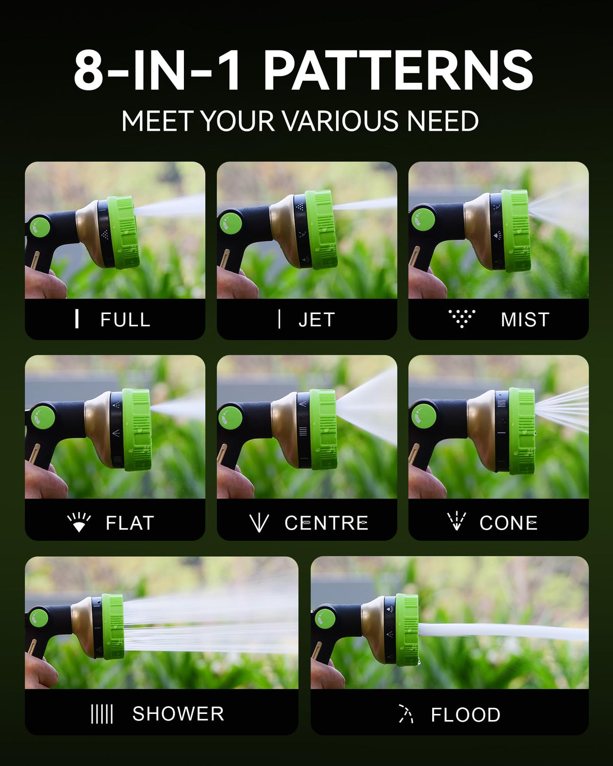 RainPoint nozzle in garden and car-cleaning scenarios shows multi-use versatility.