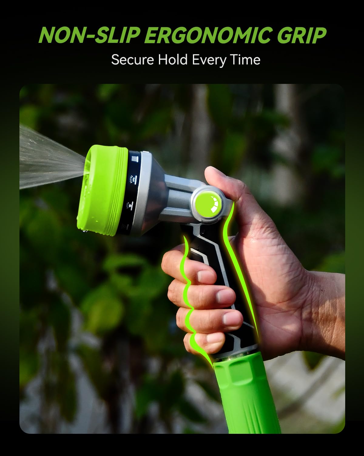 RAINPOINT nozzle in action for garden care, car washing, and patio cleaning.