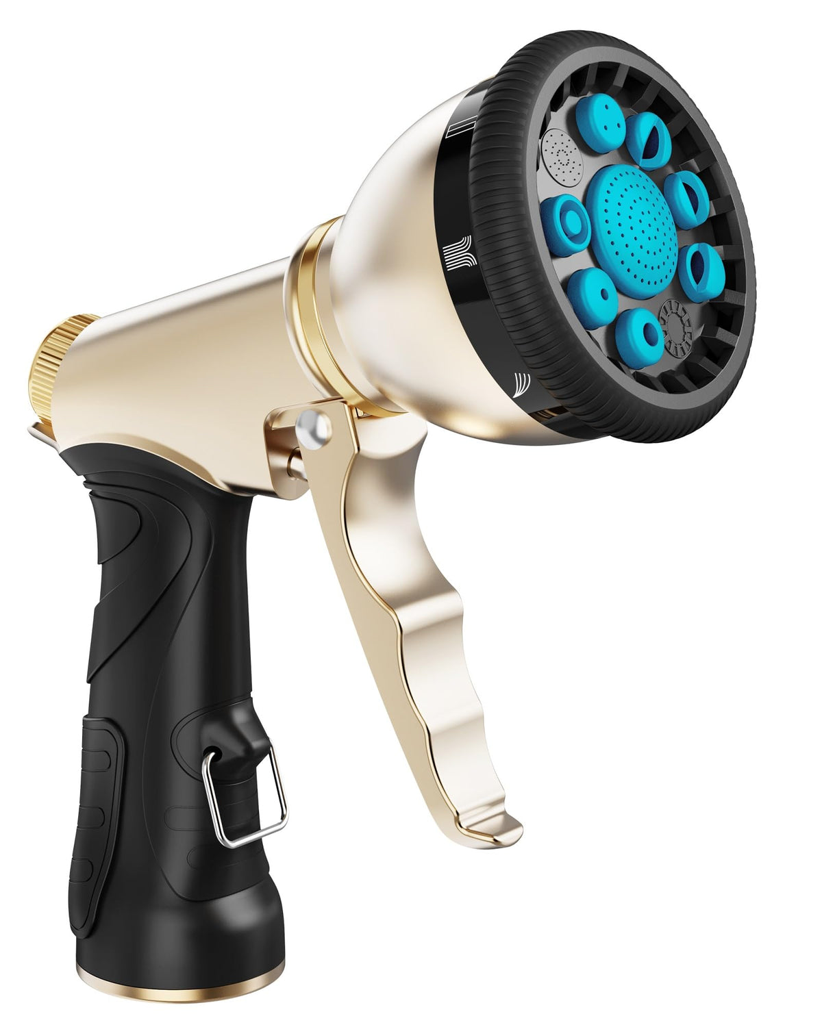 RAINPOINT garden hose nozzle with 9 spray patterns for versatile outdoor watering.