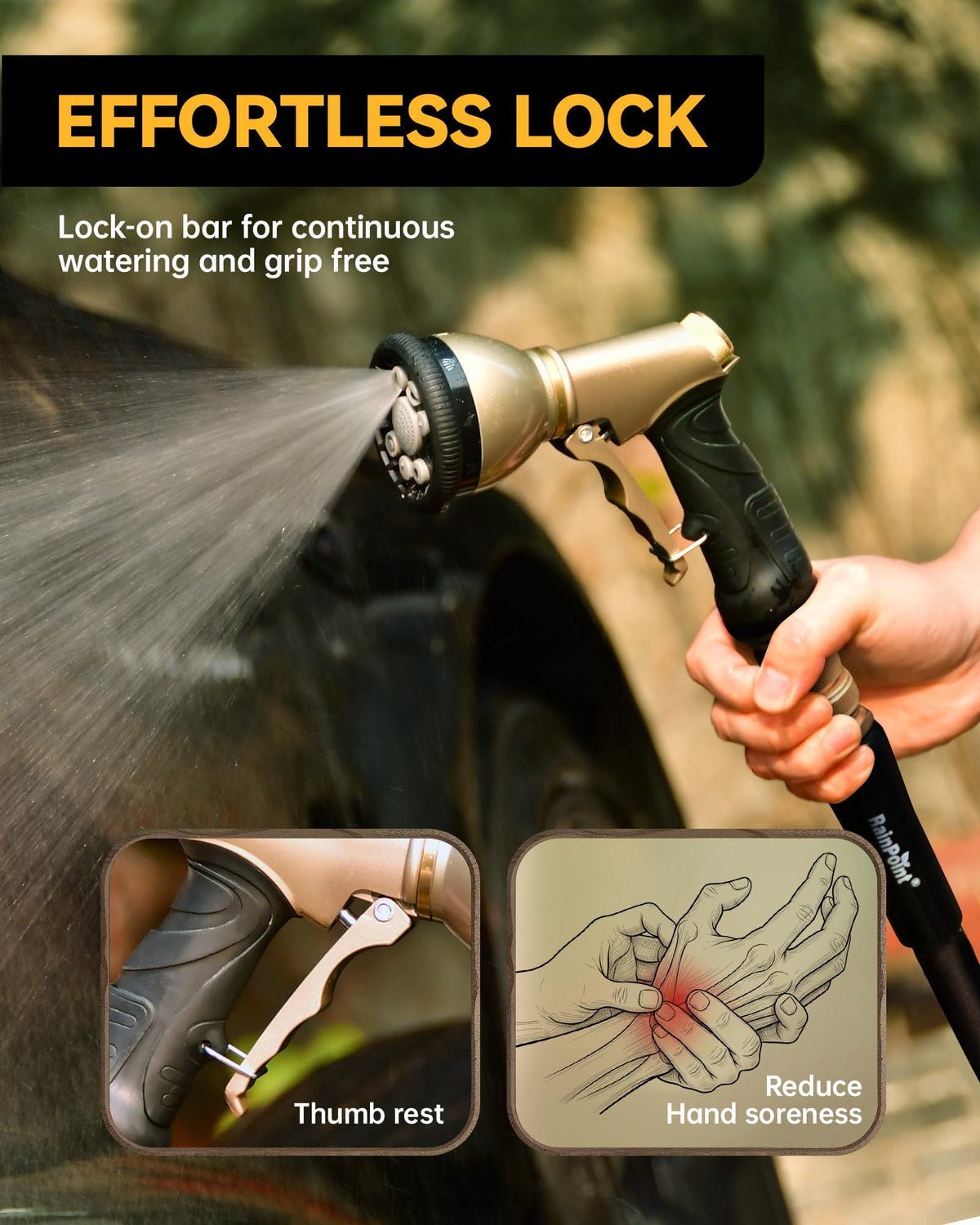 RainPoint nozzle offers 9 spray patterns for versatile garden watering.