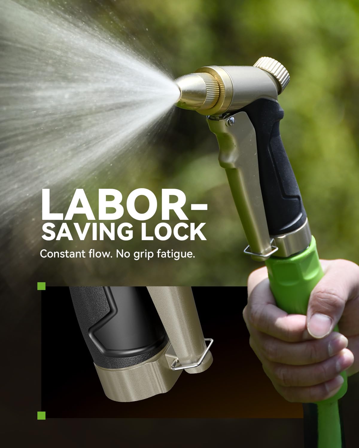 RAINPOINT garden hose nozzle gold finish adds style while delivering reliable spray.