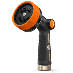 RAINPOINT garden hose nozzle in orange, heavy‑duty metal build for durable outdoor use.