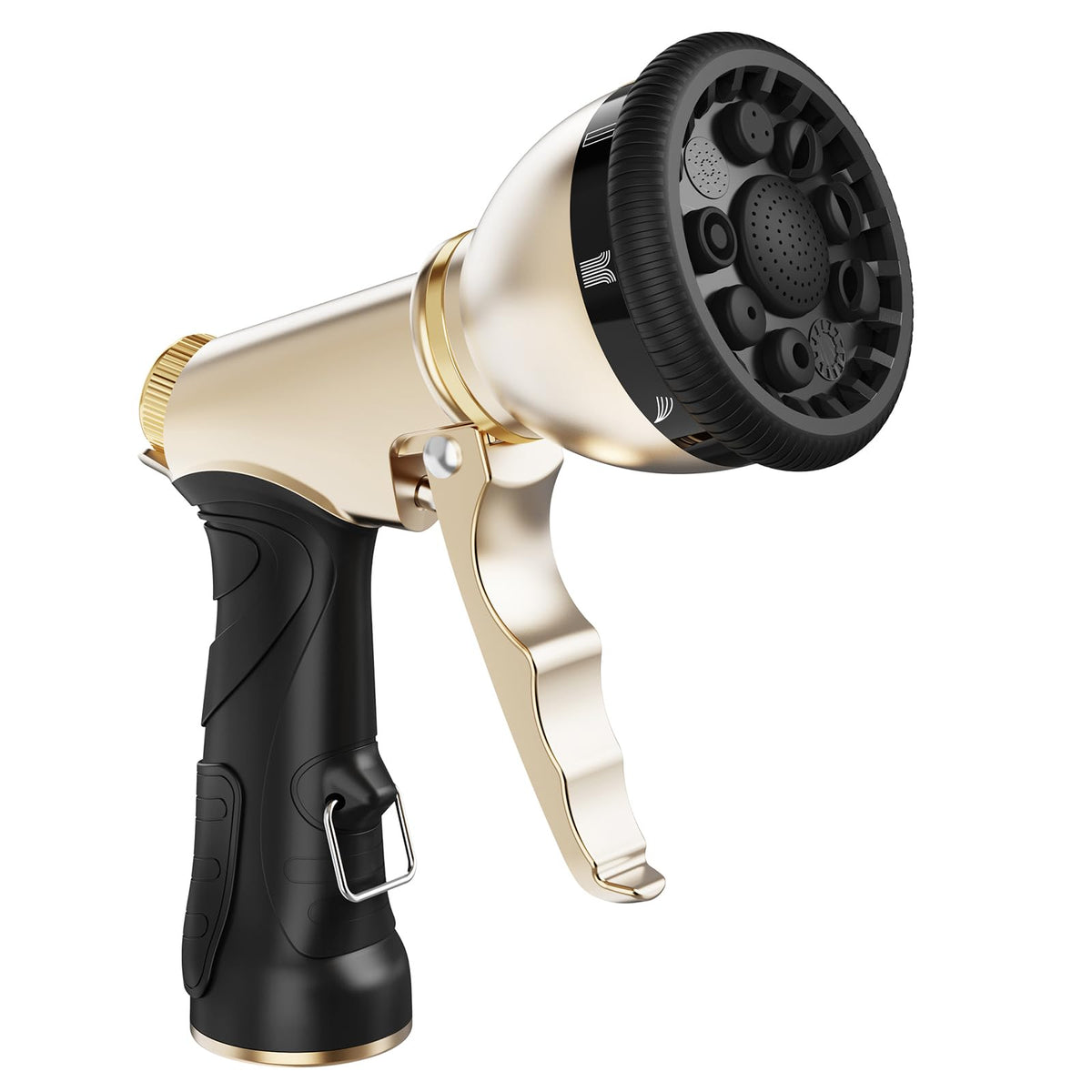 RAINPOINT garden hose nozzle displaying nine spray patterns for versatile watering.