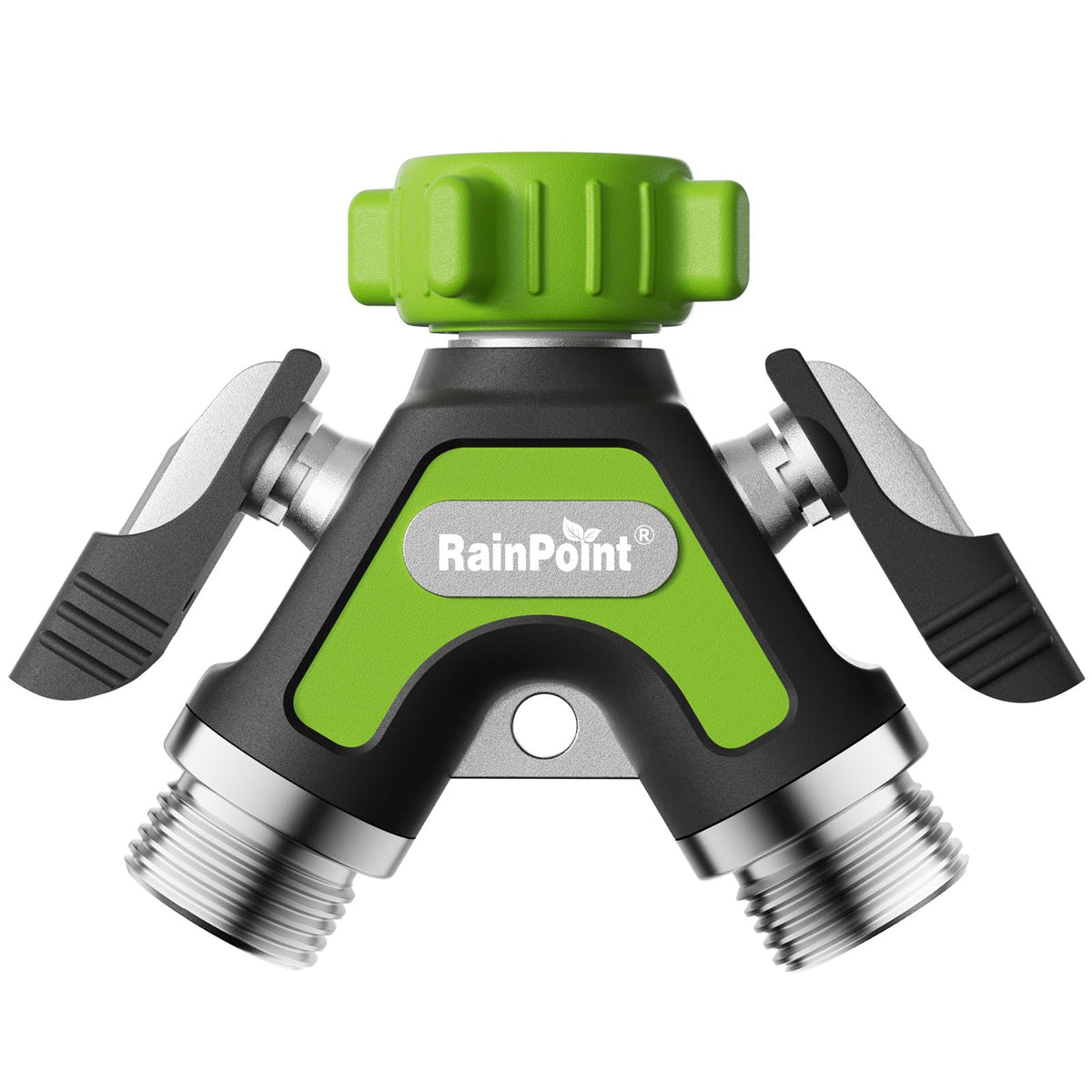 RAINPOINT garden hose splitter 2-way with side lever for easy one-finger control.