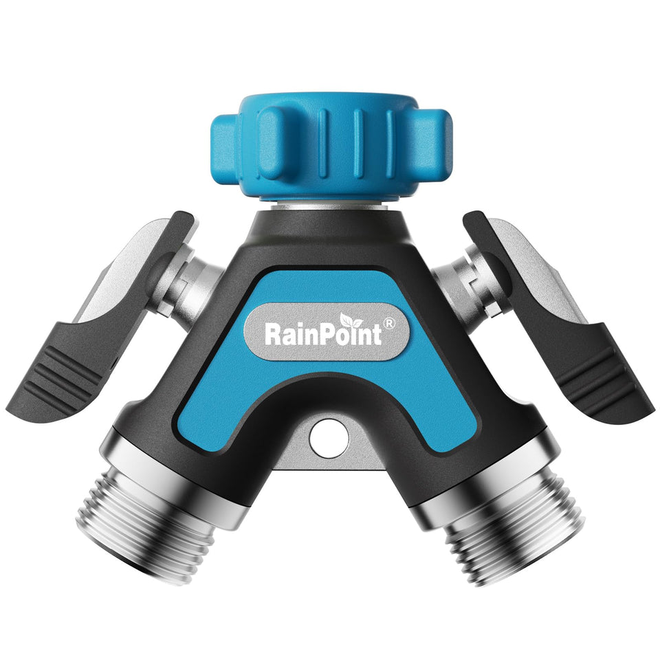 RAINPOINT garden hose splitter all-metal blue shows rugged build for long outdoor use