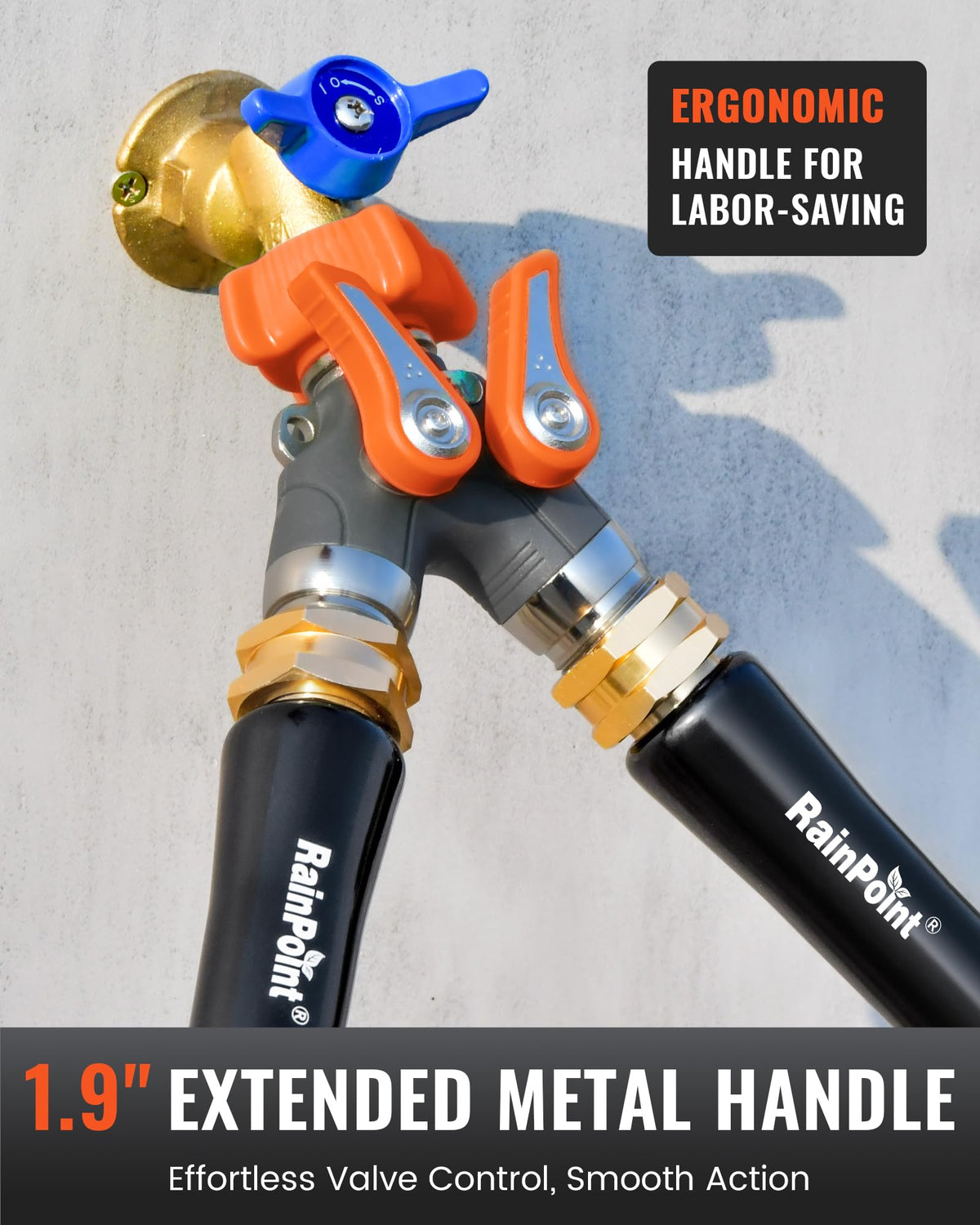 RainPoint Garden Hose Splitter ergonomic handle allows easy valve control.