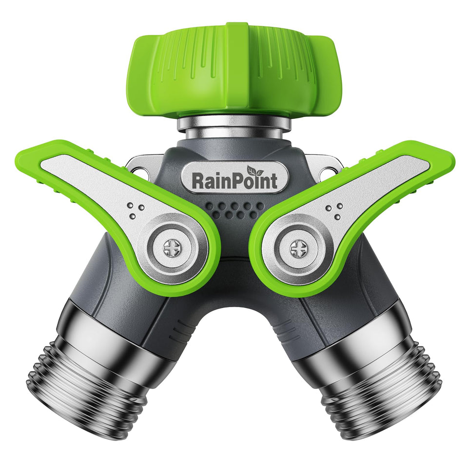 RAINPOINT garden hose splitter with metal body in green for durable outdoor use.