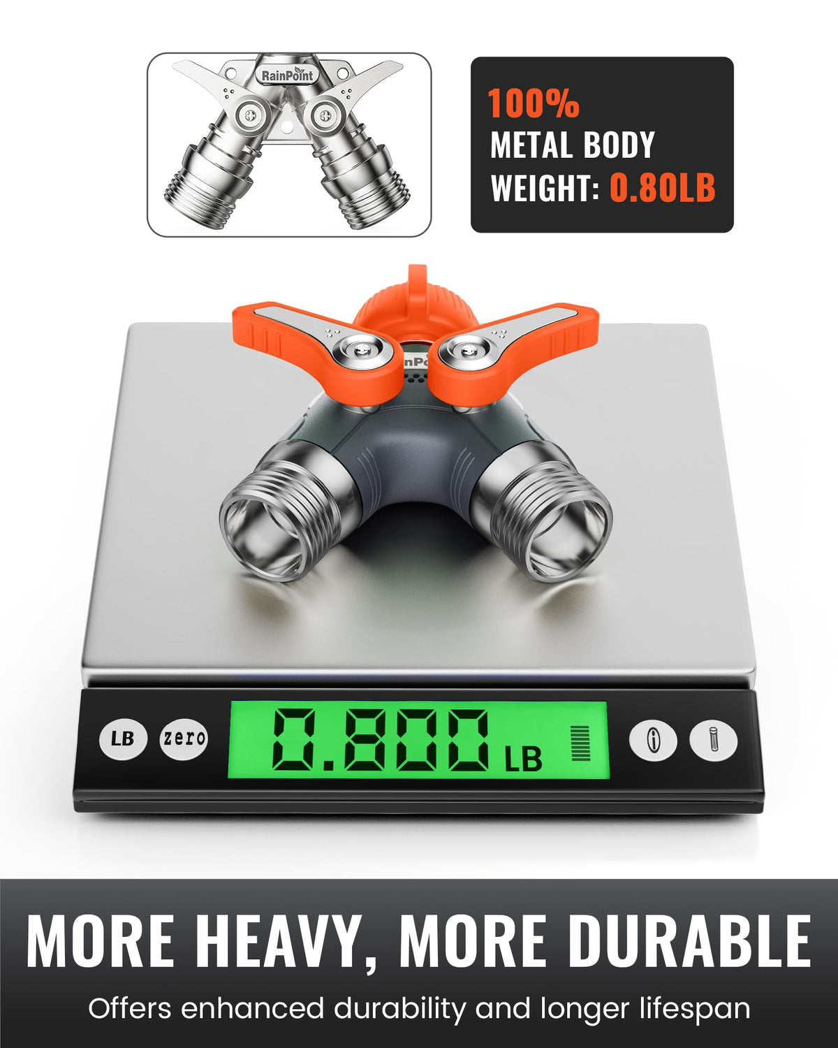 RainPoint Garden Hose Splitter metal body ensures durability in outdoor use.